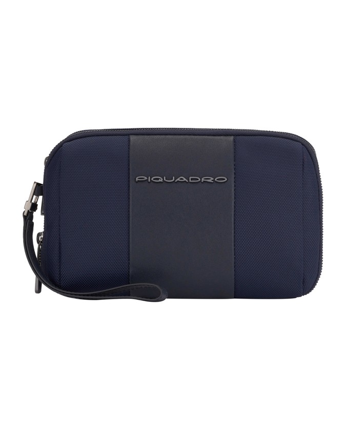  Piquadro - Pochette a due scomparti in pelle e tessuto con