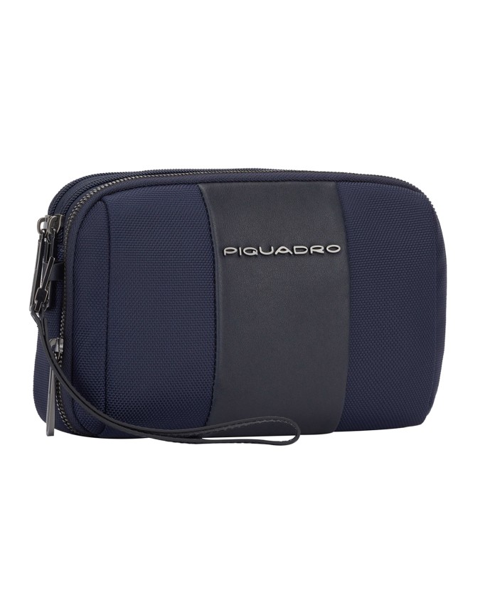 Piquadro - Pochette a due scomparti in pelle e tessuto con