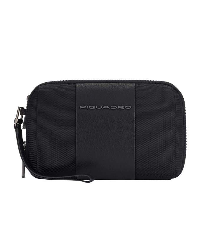  Piquadro - Pochette a due scomparti in pelle e tessuto con