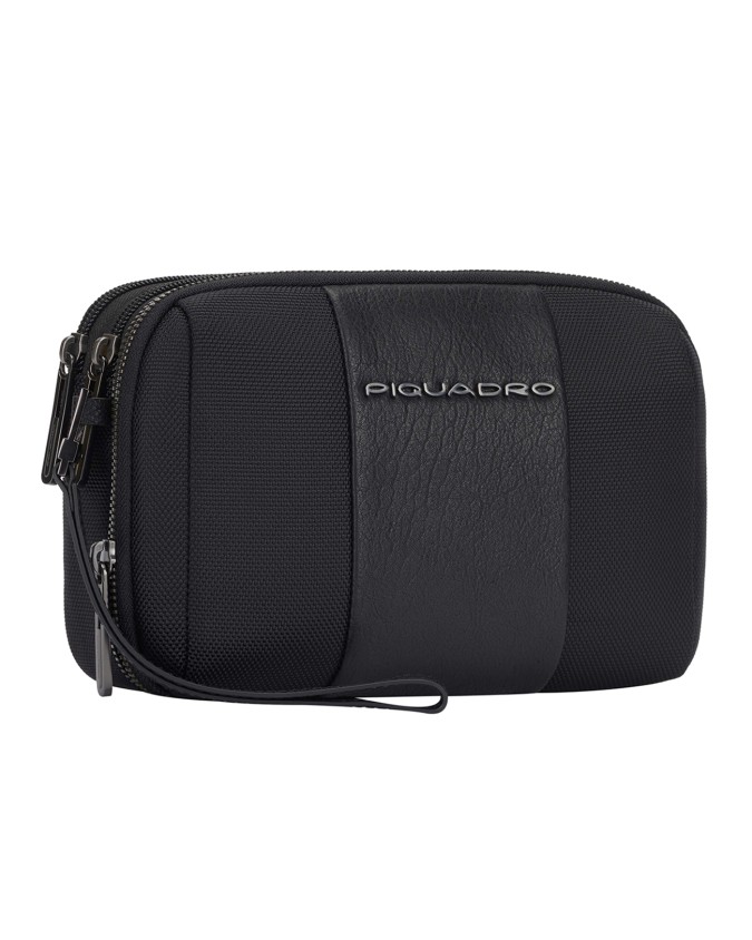  Piquadro - Pochette a due scomparti in pelle e tessuto con