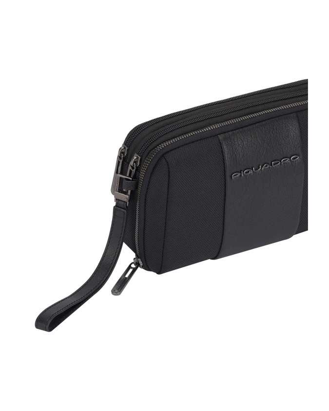  Piquadro - Pochette a due scomparti in pelle e tessuto con