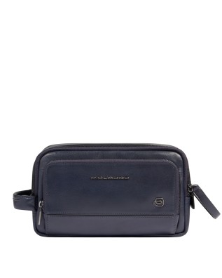 Piquadro - Leather makeup bag with a double zipper - Blue