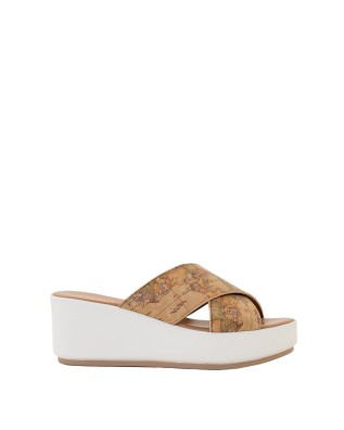 Alviero Martini Prima Classe - Sandali zeppa incrociati in eco nappa Geo Classic