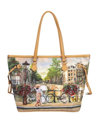  Ynot - Shopping bag Tg. XXL in ecopelle con stampa città Yesbag