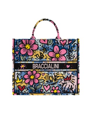 Braccialini - Large handbag in embroidered fabric with a...