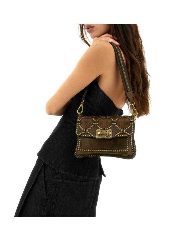 Campomaggi - Leather Shoulder Bag with Flap and Studs, Size S