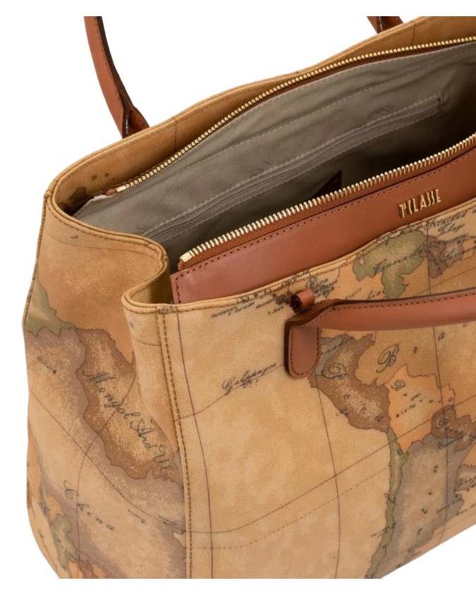 Alviero Martini Prima Classe - Borsa a tre tasche in pelle naturale e tessuto goffratoGeo Classic