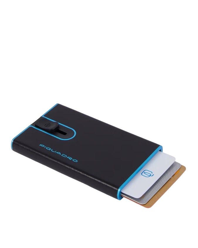 Piquadro- Porta carte di credito slim in pelle e metallo con sliding system